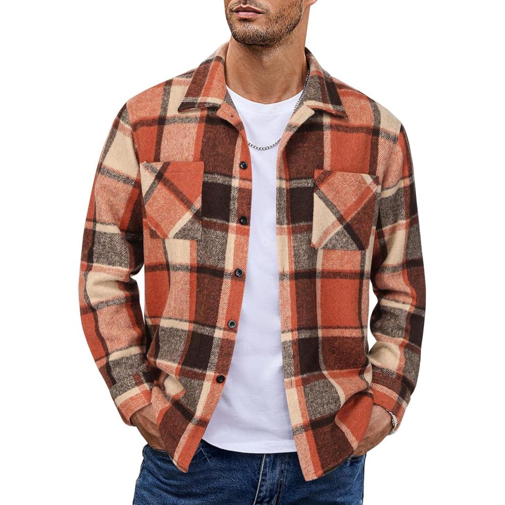 imageCOOFANDY Mens Flannel Shirts Casual Button Down Plaid Shirt Jacket Long Sleeve Fleece Shacket with PocketsOrange