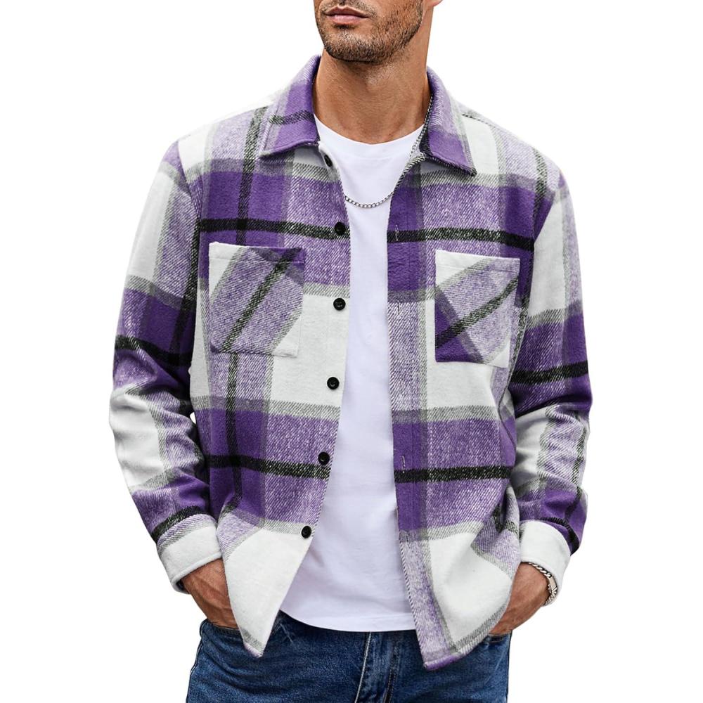 imageCOOFANDY Mens Flannel Shirts Casual Button Down Plaid Shirt Jacket Long Sleeve Fleece Shacket with PocketsPurple