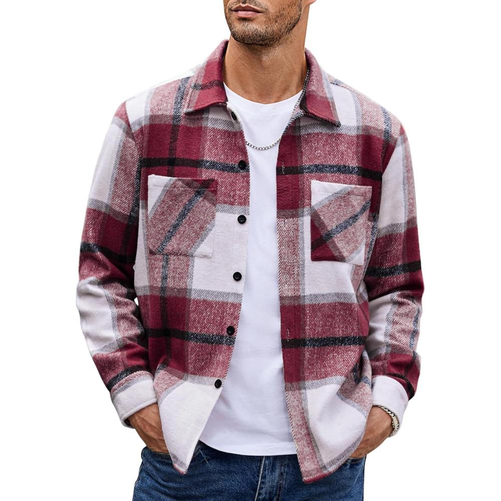 imageCOOFANDY Mens Flannel Shirts Casual Button Down Plaid Shirt Jacket Long Sleeve Fleece Shacket with PocketsRed