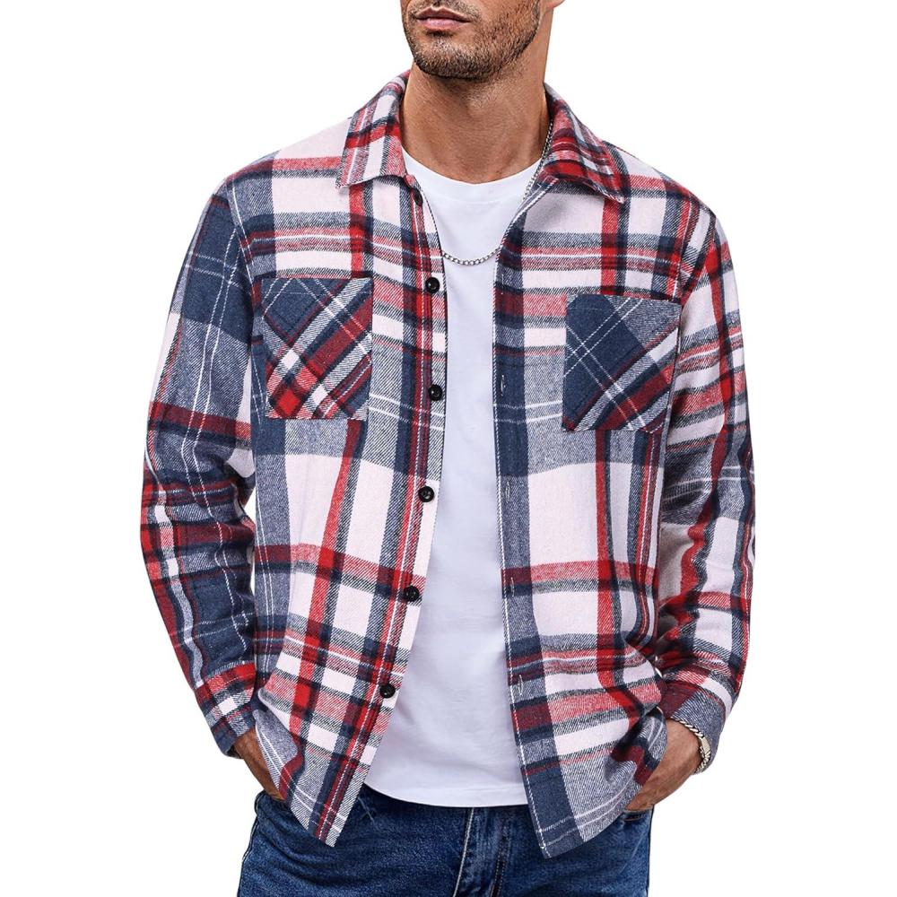 imageCOOFANDY Mens Flannel Shirts Casual Button Down Plaid Shirt Jacket Long Sleeve Fleece Shacket with PocketsRed Blue