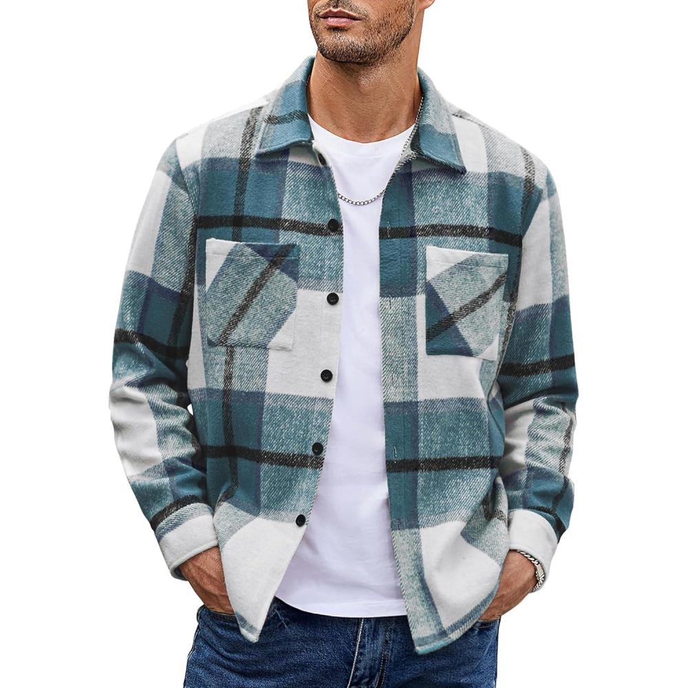 imageCOOFANDY Mens Flannel Shirts Casual Button Down Plaid Shirt Jacket Long Sleeve Fleece Shacket with PocketsSea Blue