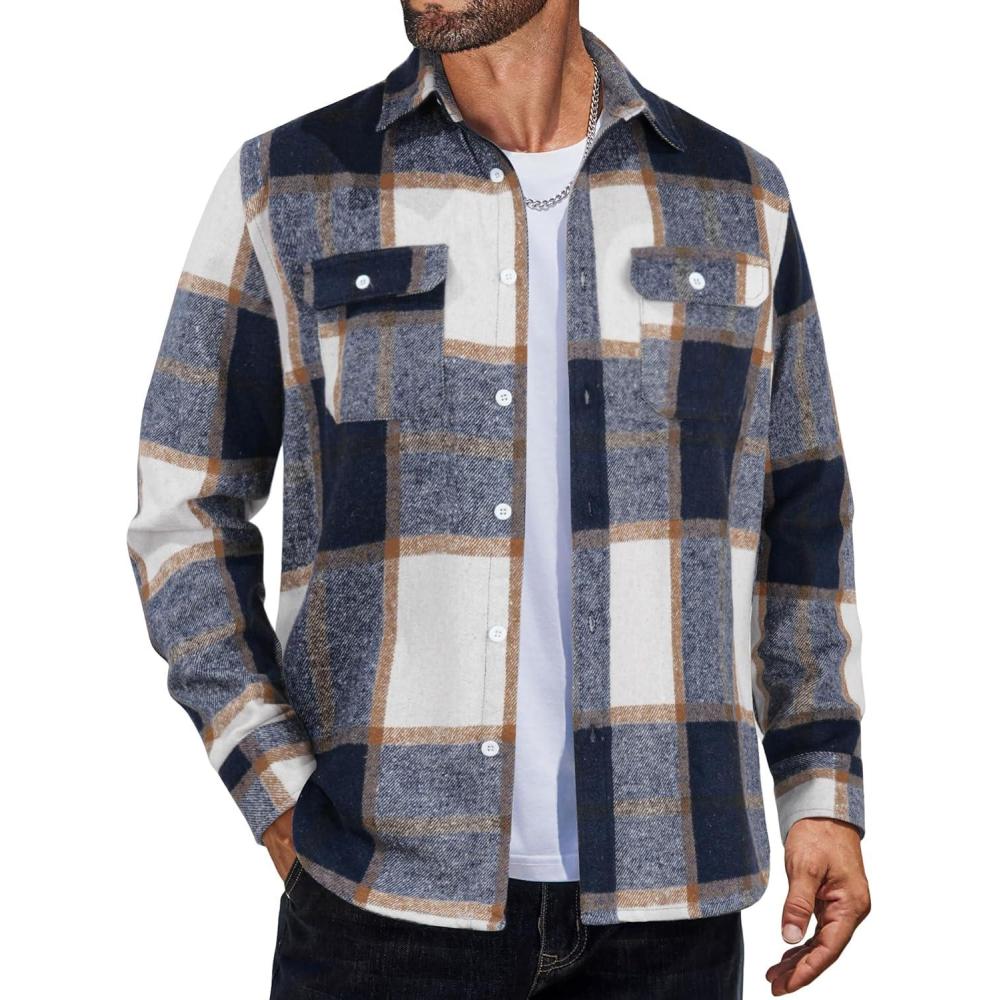 imageCOOFANDY Mens Flannel Shirts Casual Button Down Plaid Shirt Jacket Long Sleeve Fleece ShacketBlue