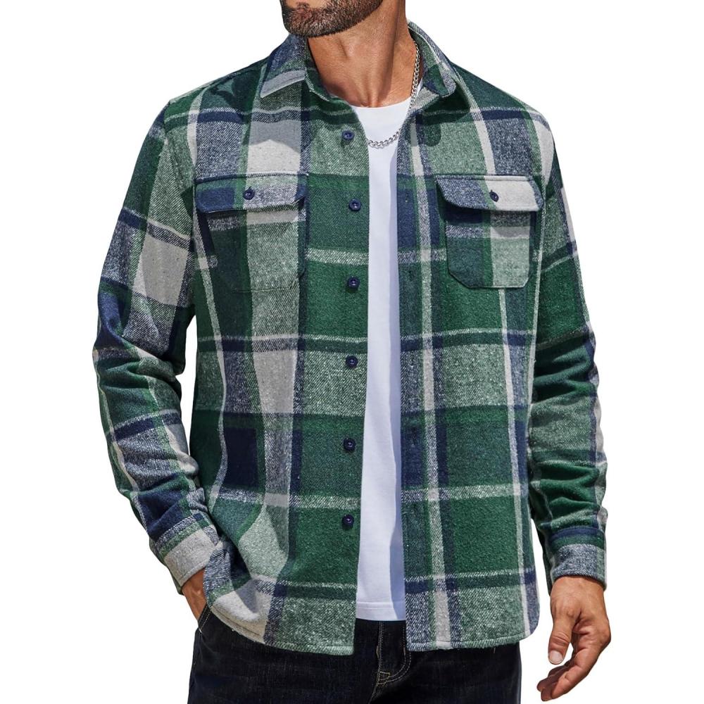 imageCOOFANDY Mens Flannel Shirts Casual Button Down Plaid Shirt Jacket Long Sleeve Fleece ShacketGreen