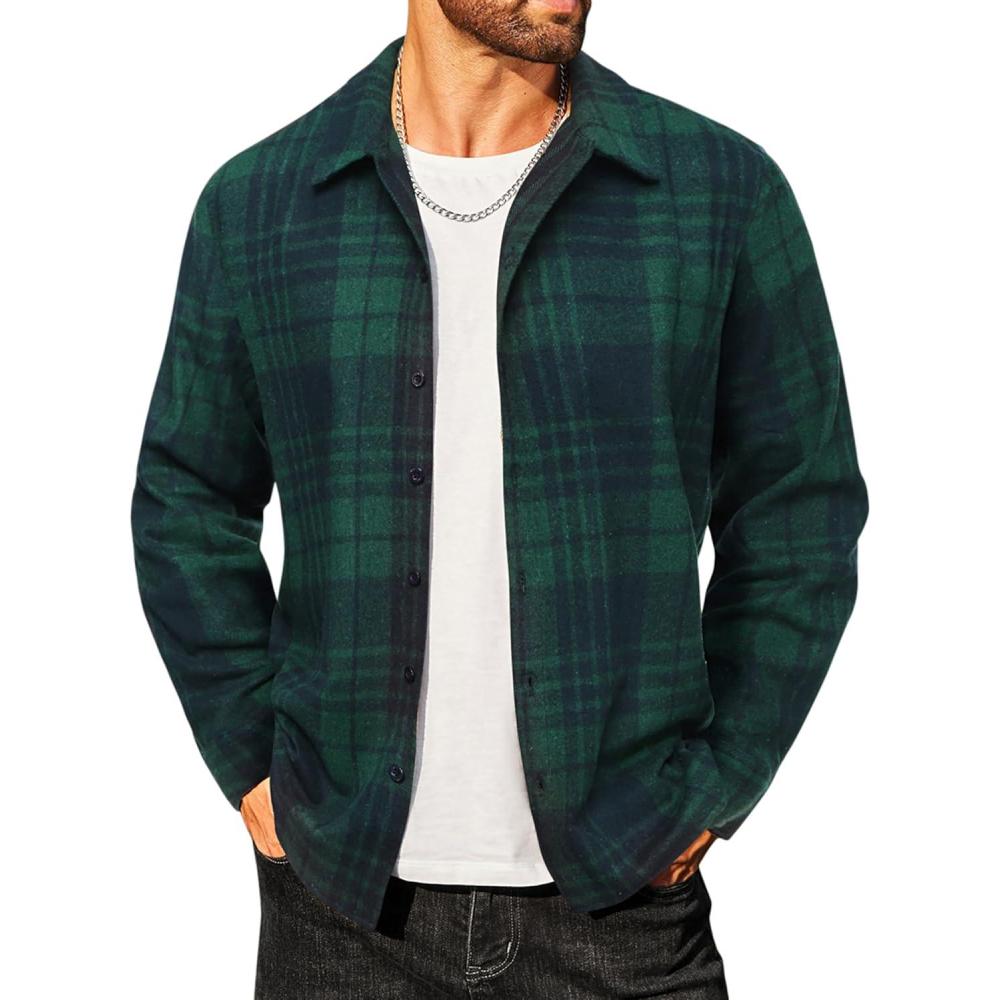imageCOOFANDY Mens Flannel Shirts Casual Button Down Plaid Shirt Jacket Long Sleeve Fleece ShacketGreennavy Plaid
