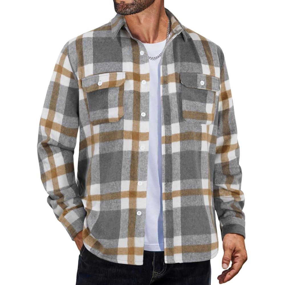 imageCOOFANDY Mens Flannel Shirts Casual Button Down Plaid Shirt Jacket Long Sleeve Fleece ShacketLight Khaki