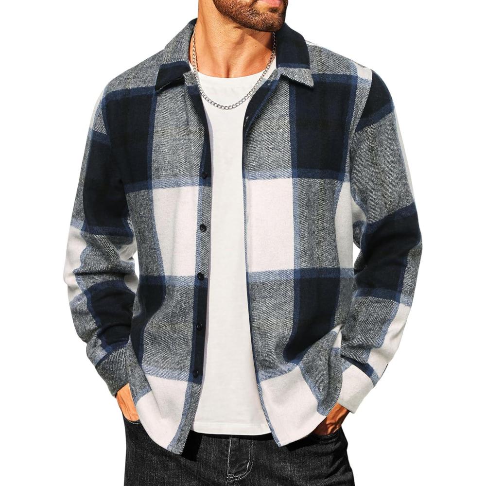 imageCOOFANDY Mens Flannel Shirts Casual Button Down Plaid Shirt Jacket Long Sleeve Fleece ShacketNavywhite Plaid