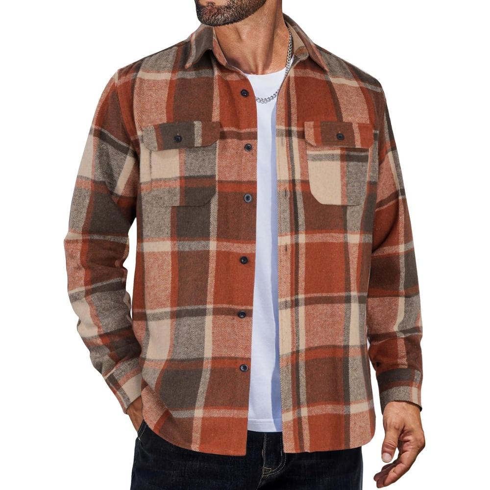 imageCOOFANDY Mens Flannel Shirts Casual Button Down Plaid Shirt Jacket Long Sleeve Fleece ShacketOrange