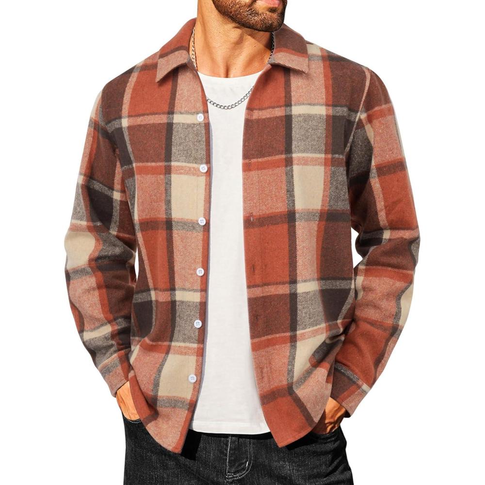imageCOOFANDY Mens Flannel Shirts Casual Button Down Plaid Shirt Jacket Long Sleeve Fleece ShacketOrangekhaki Plaid
