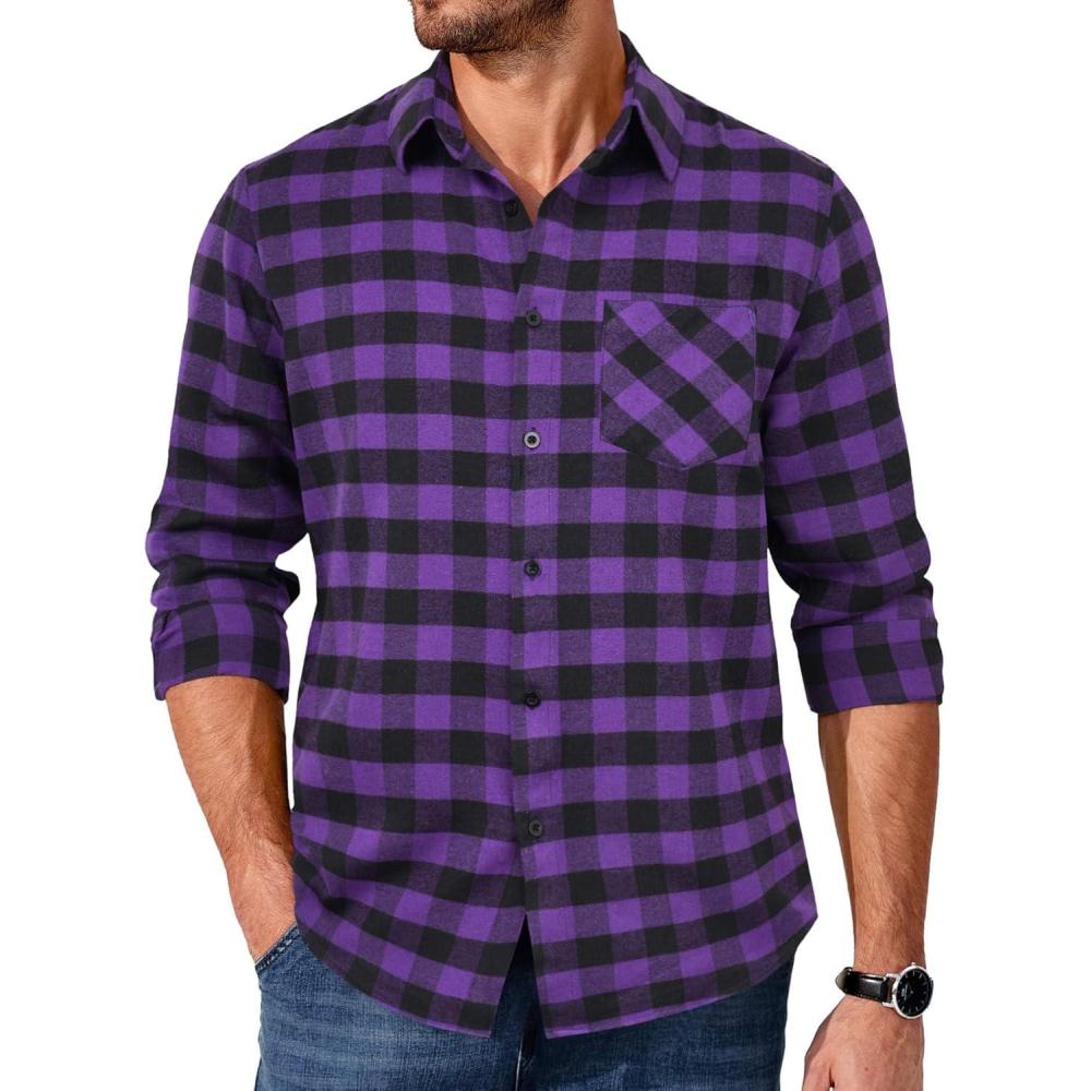 imageCOOFANDY Mens Flannel Shirts Long Sleeve Button Down Plaid Shirt Lightweight Shirt Jacket