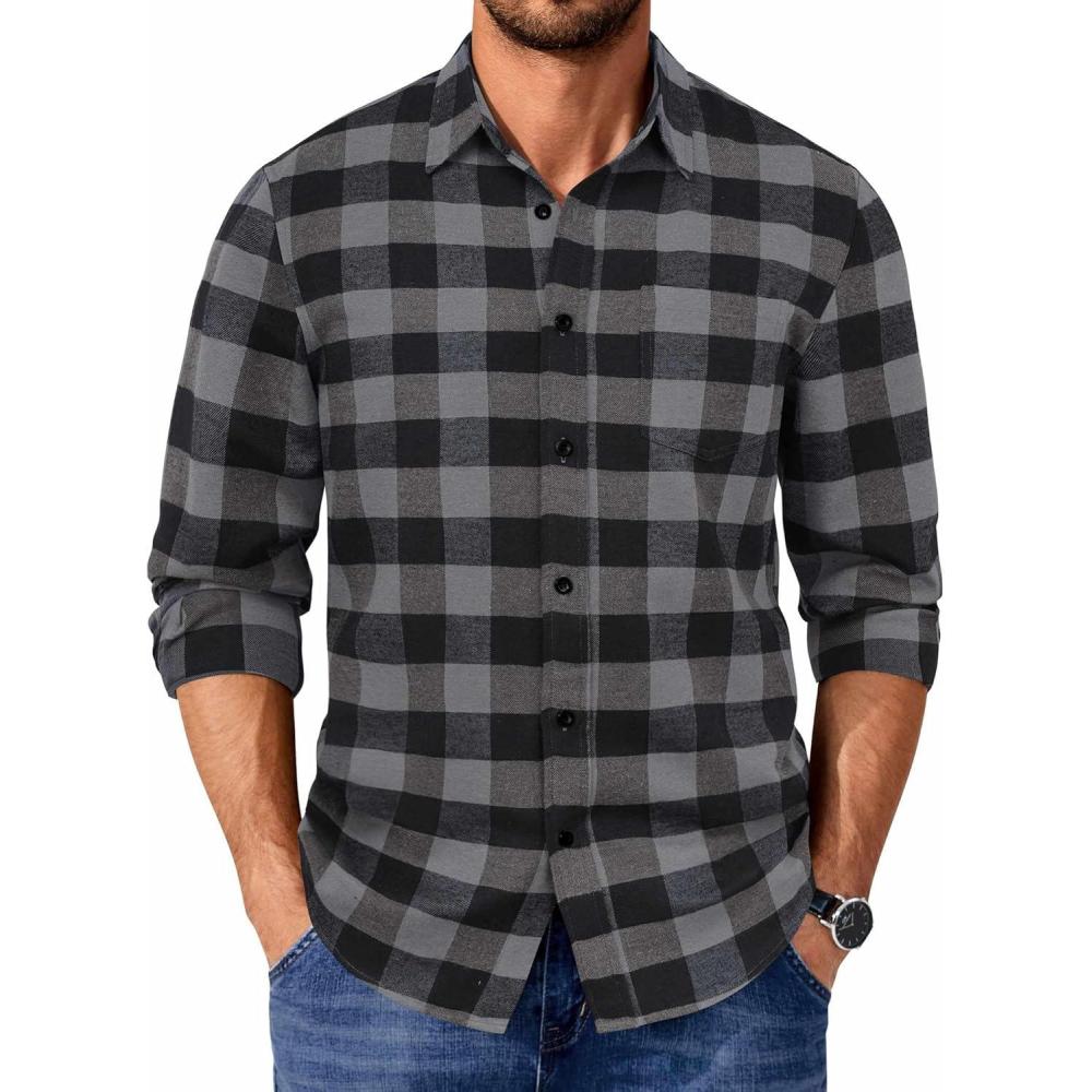 imageCOOFANDY Mens Flannel Shirts Long Sleeve Casual Plaid Shirt for Men Button Up Shirt Jackets with PocketBuffalo Black Gray