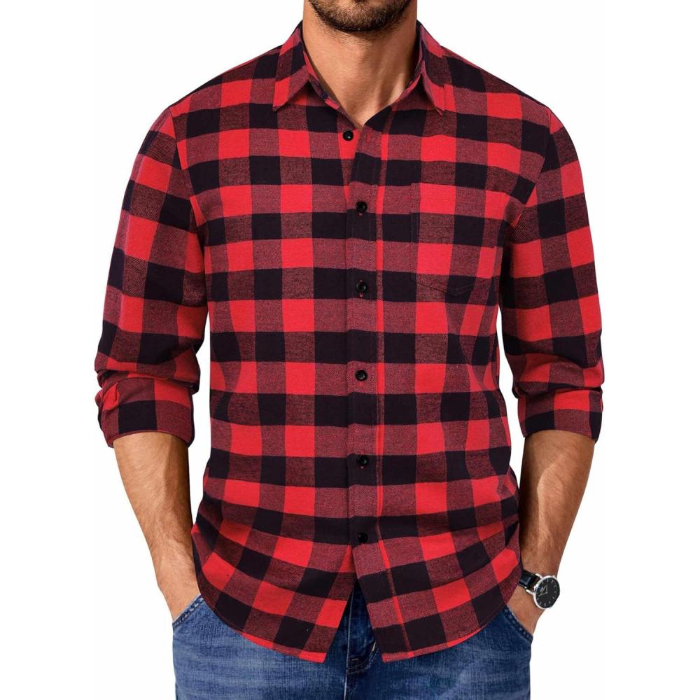 imageCOOFANDY Mens Flannel Shirts Long Sleeve Casual Plaid Shirt for Men Button Up Shirt Jackets with PocketBuffalo Black Red