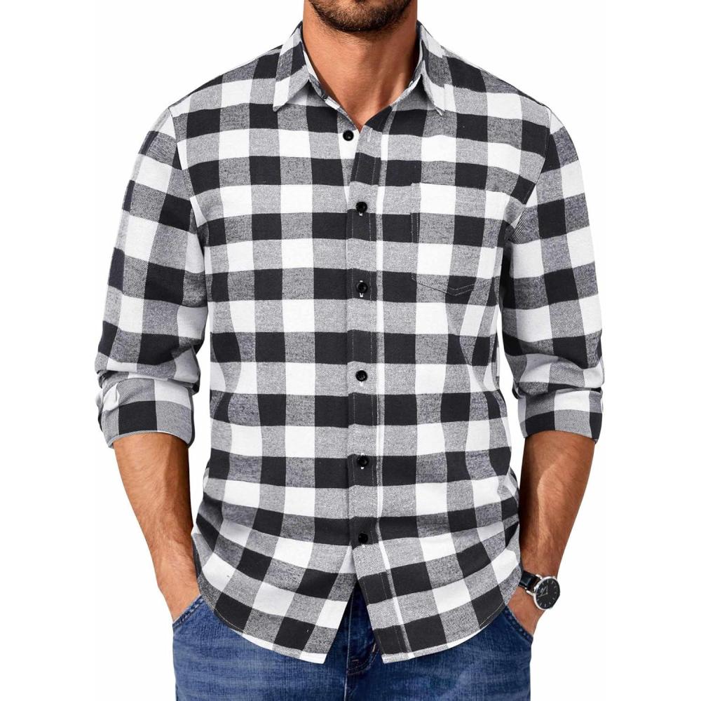 imageCOOFANDY Mens Flannel Shirts Long Sleeve Casual Plaid Shirt for Men Button Up Shirt Jackets with PocketBuffalo Black White