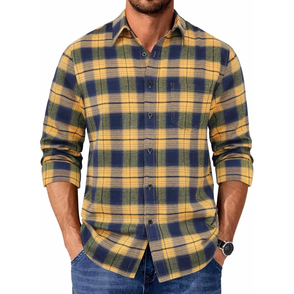 imageCOOFANDY Mens Flannel Shirts Long Sleeve Casual Plaid Shirt for Men Button Up Shirt Jackets with PocketPlaid  Navy Yellow