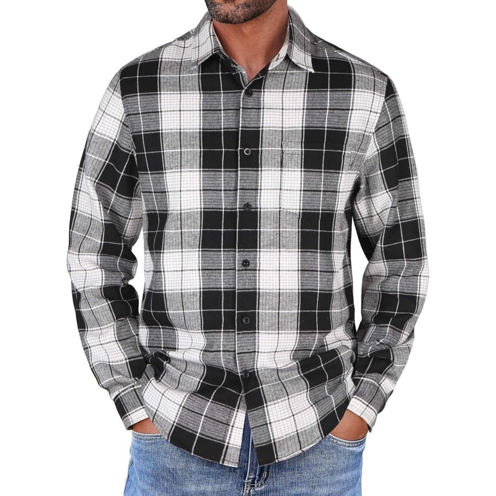 imageCOOFANDY Mens Flannel Shirts Long Sleeve Lightweight Plaid Shirt Casual Button Down Shirts JacketBlack and White