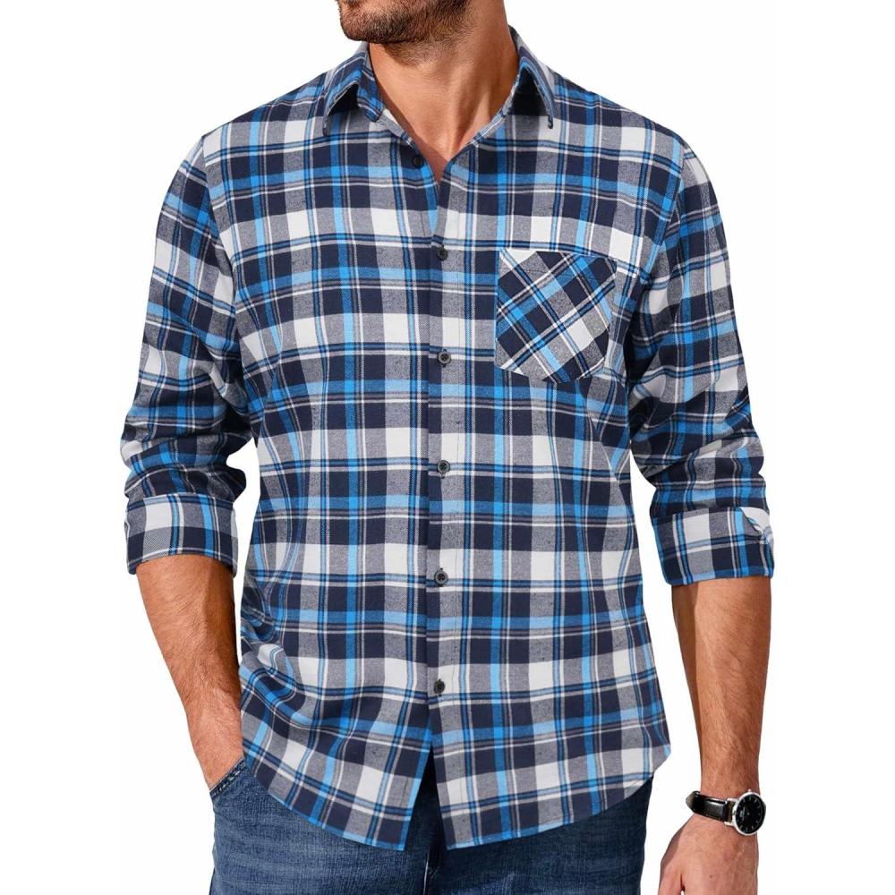 imageCOOFANDY Mens Flannel Shirts Long Sleeve Lightweight Plaid Shirt Casual Button Down Shirts JacketBlue  Navy Blue