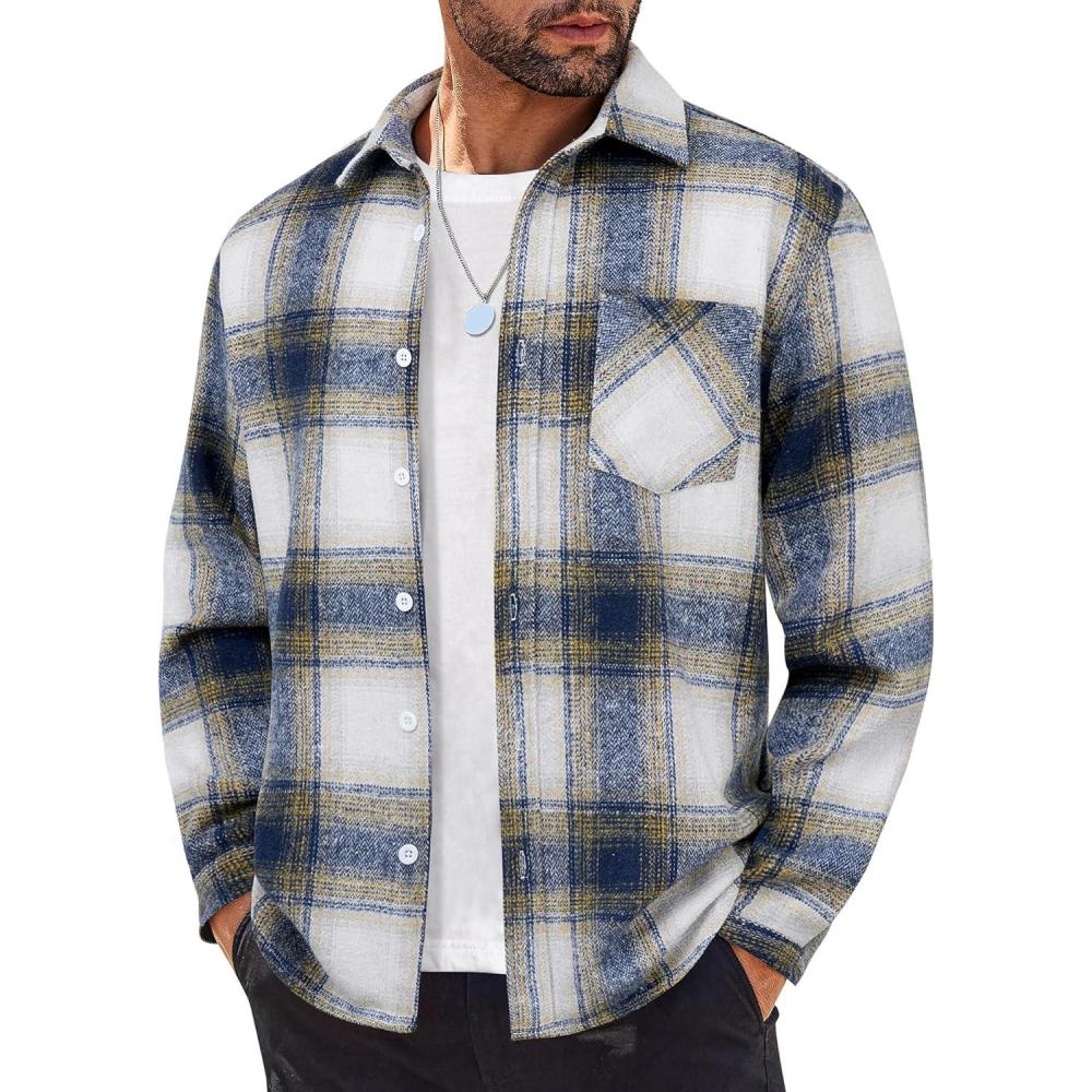imageCOOFANDY Mens Flannel Shirts Long Sleeve Lightweight Plaid Shirt Casual Button Down Shirts JacketBlue Yellow
