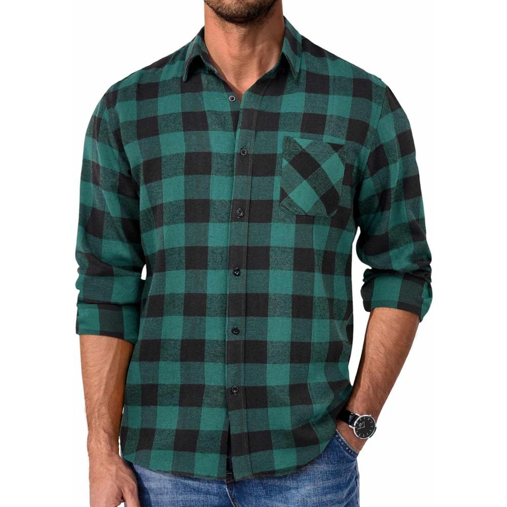 imageCOOFANDY Mens Flannel Shirts Long Sleeve Lightweight Plaid Shirt Casual Button Down Shirts JacketBuffalo Greenblack