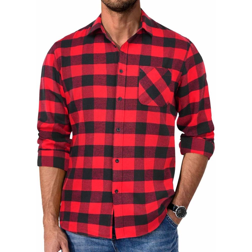 imageCOOFANDY Mens Flannel Shirts Long Sleeve Lightweight Plaid Shirt Casual Button Down Shirts JacketBuffalo Red