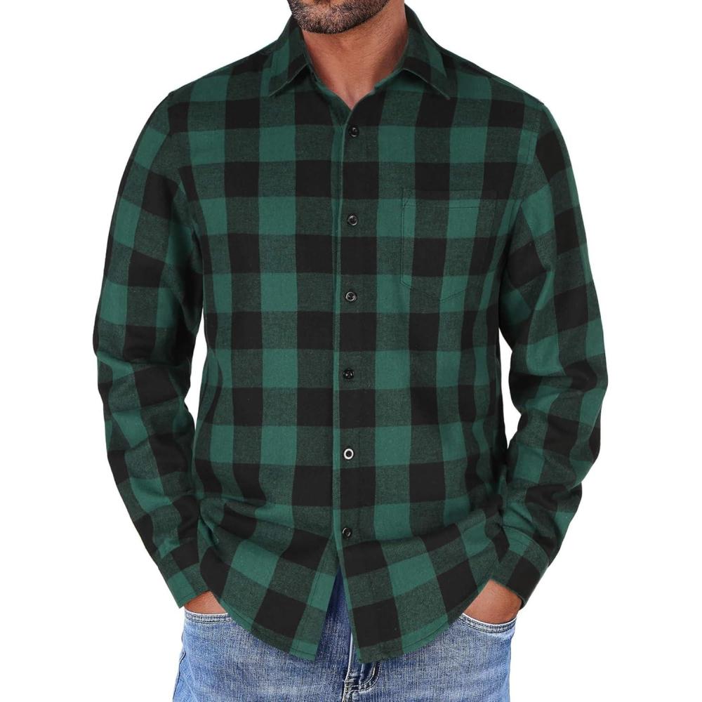imageCOOFANDY Mens Flannel Shirts Long Sleeve Lightweight Plaid Shirt Casual Button Down Shirts JacketGreen Buffalo Plaid