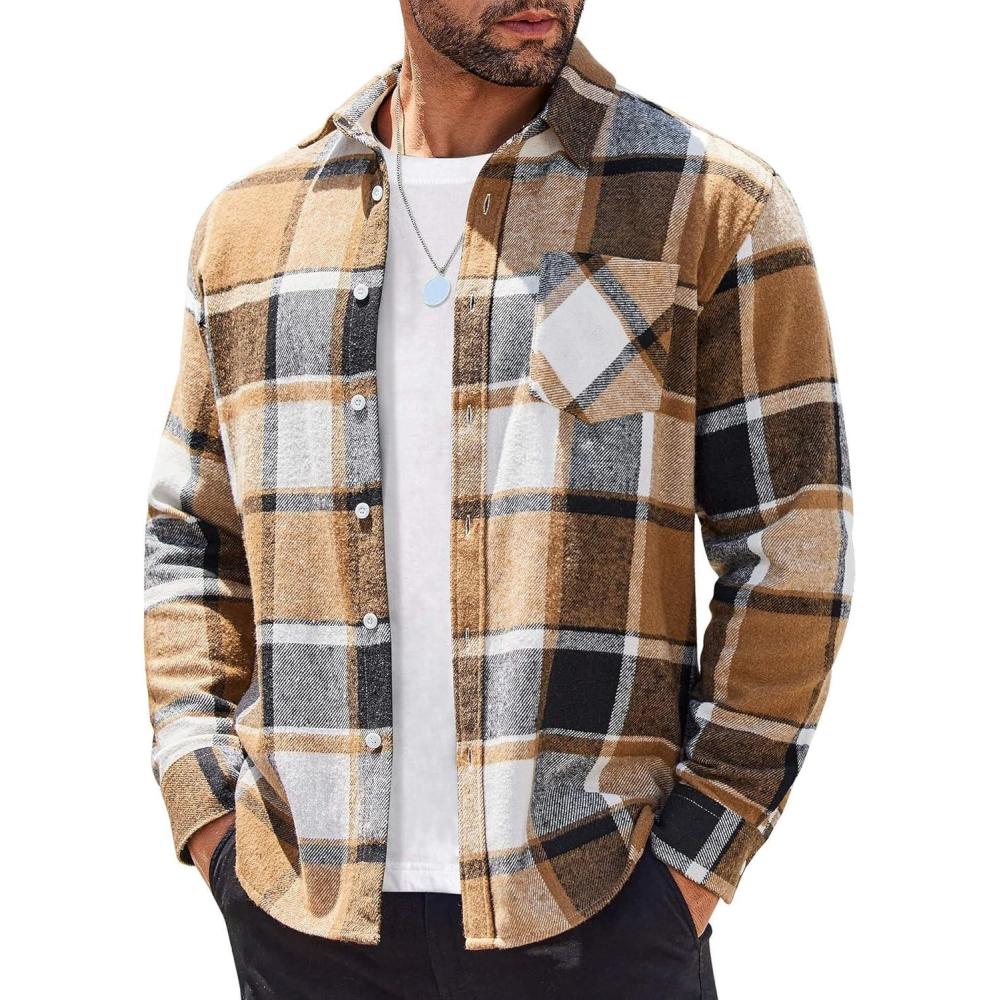 imageCOOFANDY Mens Flannel Shirts Long Sleeve Lightweight Plaid Shirt Casual Button Down Shirts JacketKhaki