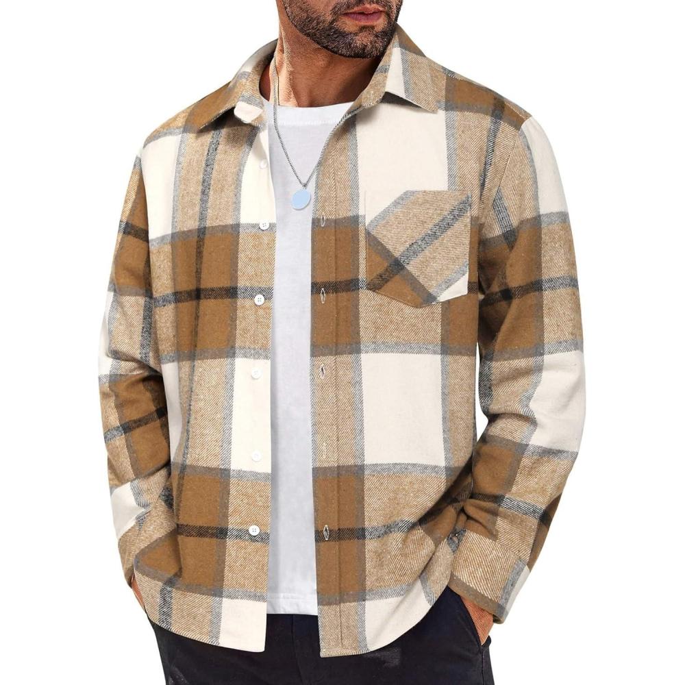 imageCOOFANDY Mens Flannel Shirts Long Sleeve Lightweight Plaid Shirt Casual Button Down Shirts JacketLight Khaki