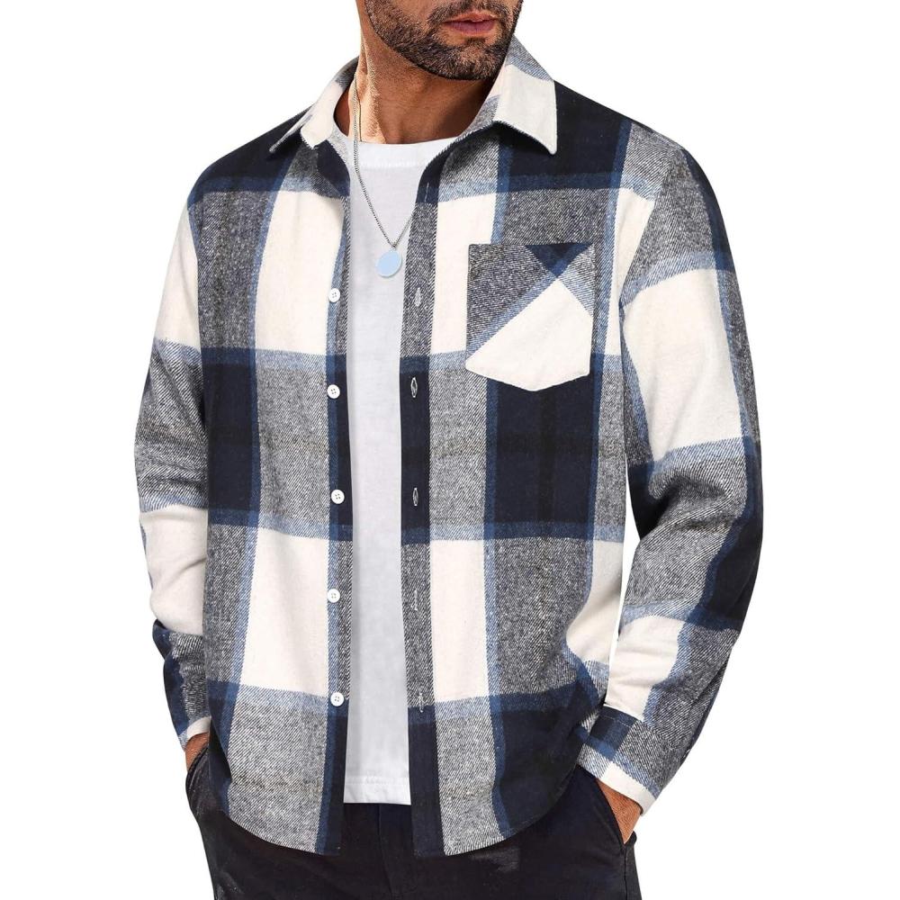imageCOOFANDY Mens Flannel Shirts Long Sleeve Lightweight Plaid Shirt Casual Button Down Shirts JacketNavy Blue