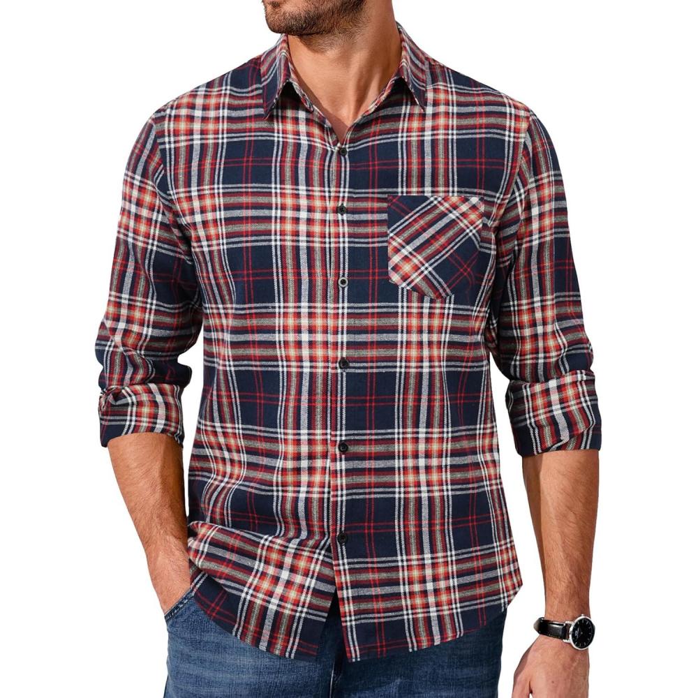 imageCOOFANDY Mens Flannel Shirts Long Sleeve Lightweight Plaid Shirt Casual Button Down Shirts JacketNavy Blue Red