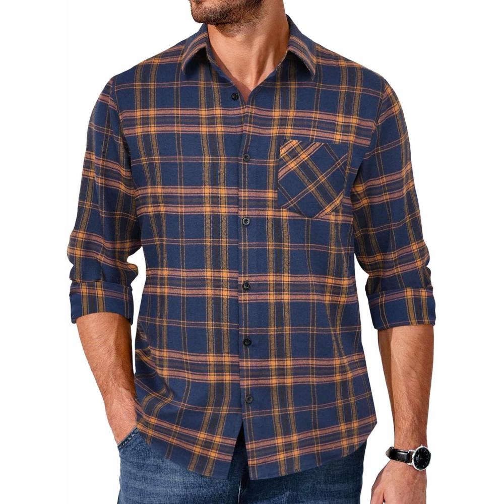 imageCOOFANDY Mens Flannel Shirts Long Sleeve Lightweight Plaid Shirt Casual Button Down Shirts JacketOrange Navy Blue