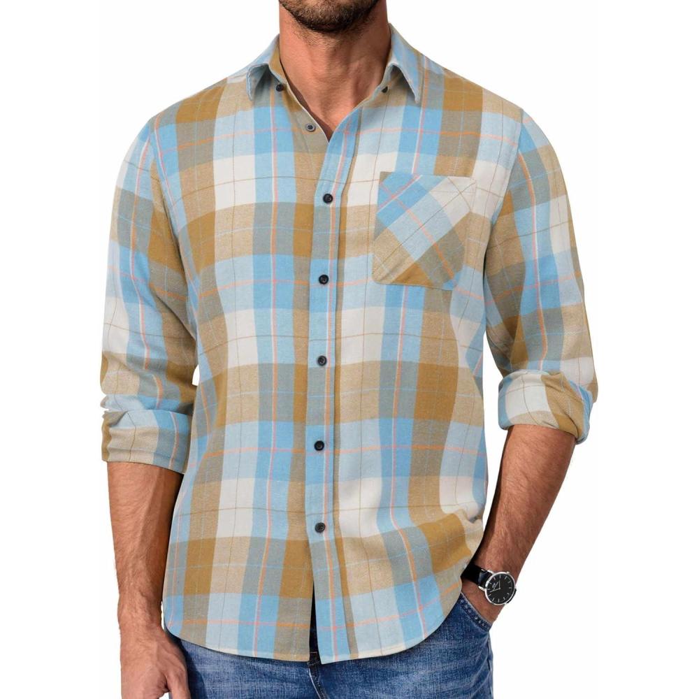 imageCOOFANDY Mens Flannel Shirts Long Sleeve Lightweight Plaid Shirt Casual Button Down Shirts JacketPlaid Blue Khaki