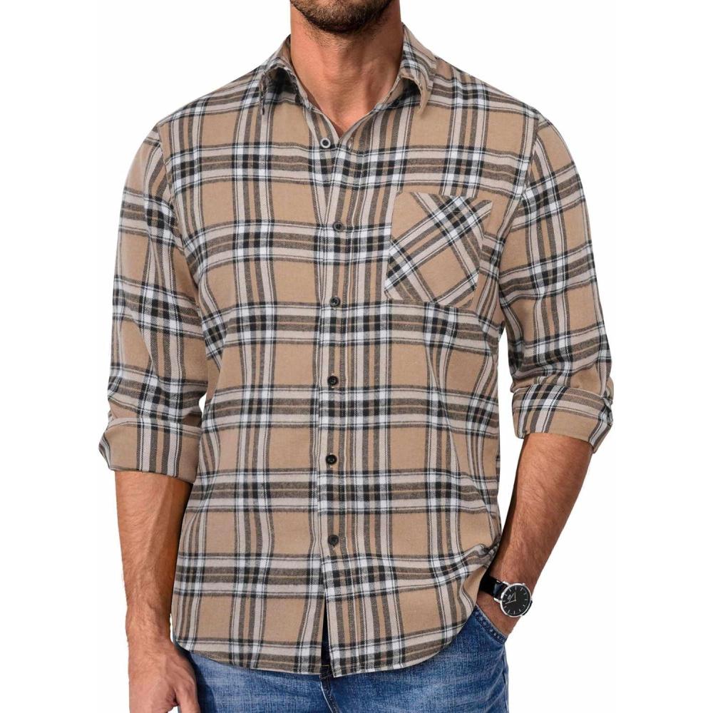 imageCOOFANDY Mens Flannel Shirts Long Sleeve Lightweight Plaid Shirt Casual Button Down Shirts JacketPlaid Brown Black