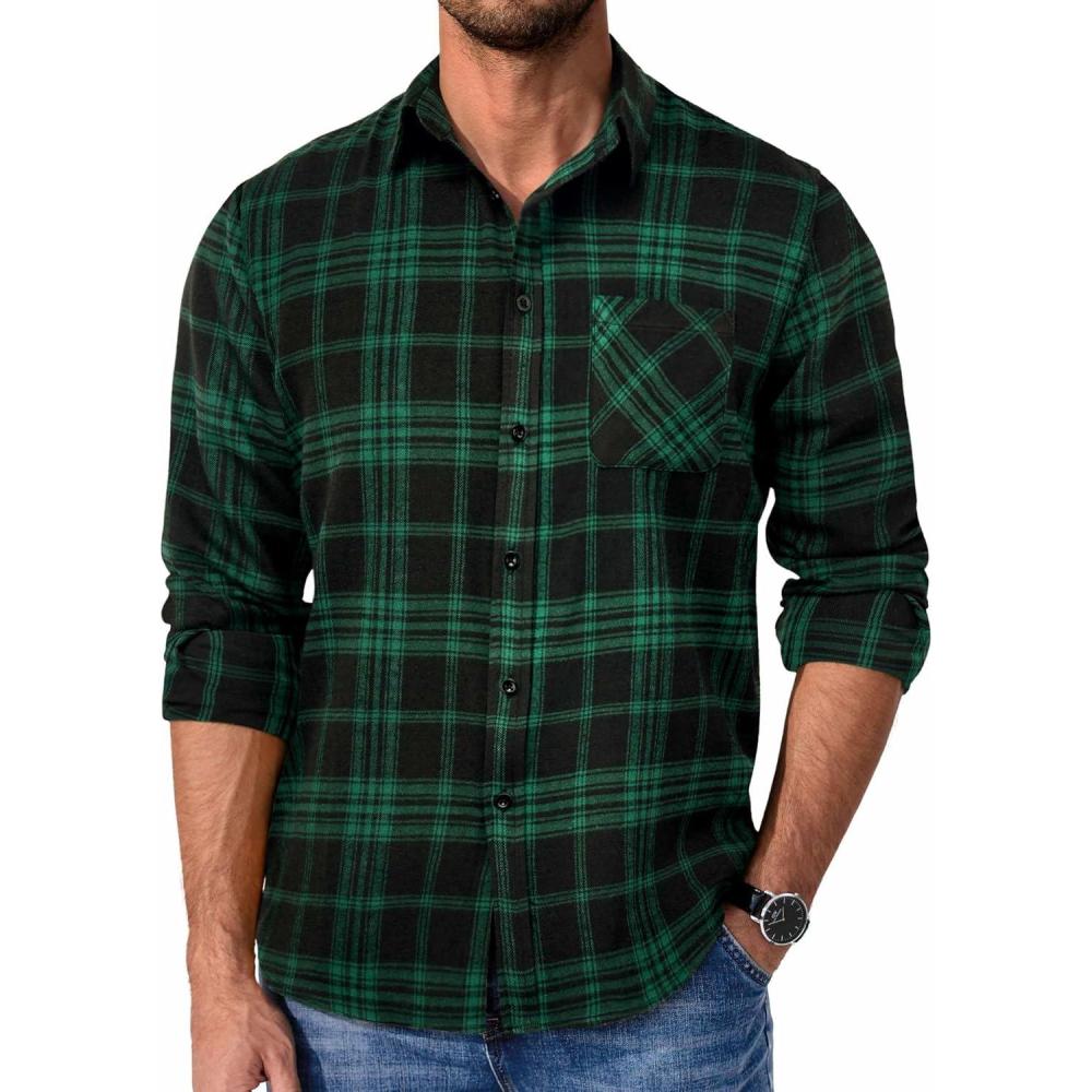 imageCOOFANDY Mens Flannel Shirts Long Sleeve Lightweight Plaid Shirt Casual Button Down Shirts JacketPlaid Greenblack