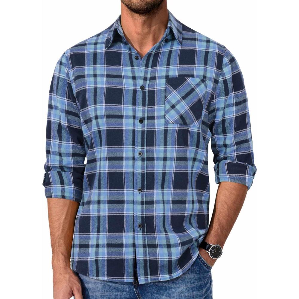 imageCOOFANDY Mens Flannel Shirts Long Sleeve Lightweight Plaid Shirt Casual Button Down Shirts JacketPlaid Navy Blue
