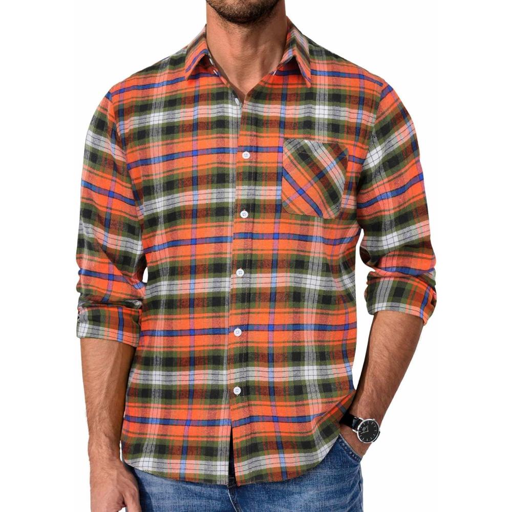 imageCOOFANDY Mens Flannel Shirts Long Sleeve Lightweight Plaid Shirt Casual Button Down Shirts JacketPlaid Orangegreen