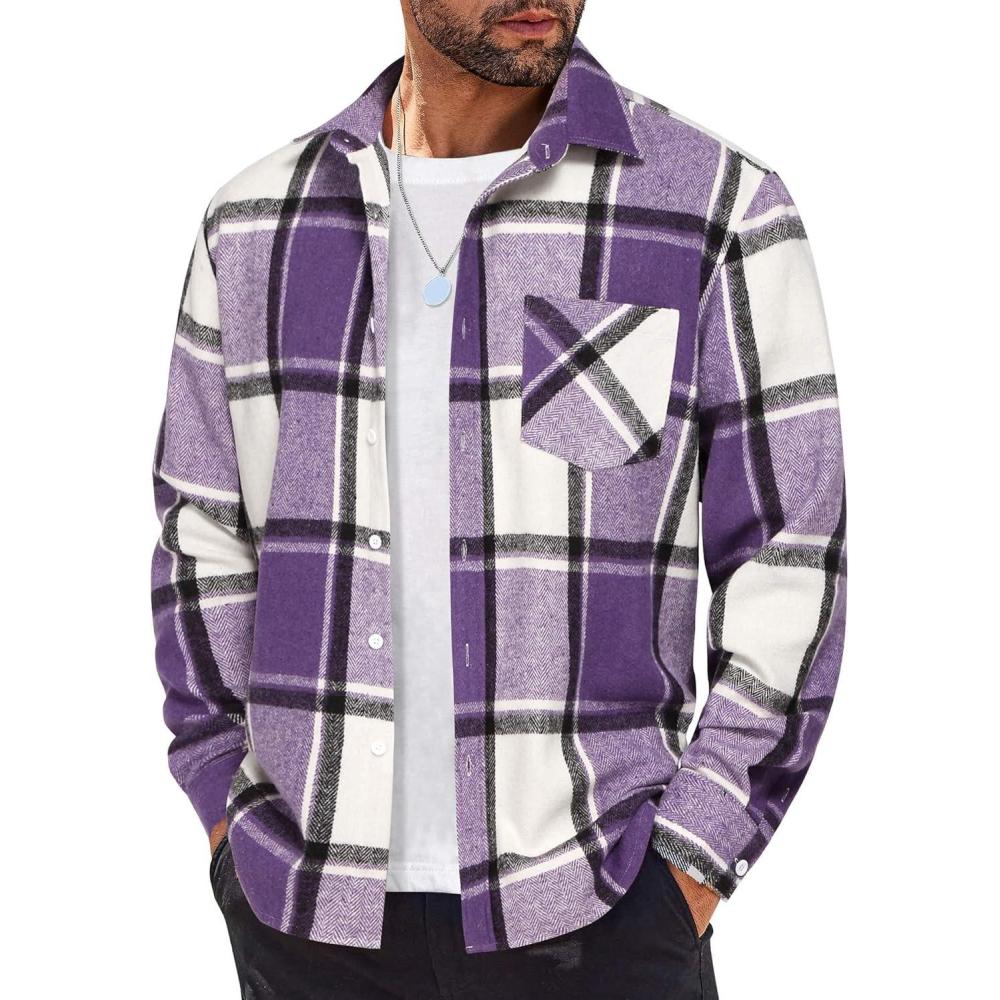 imageCOOFANDY Mens Flannel Shirts Long Sleeve Lightweight Plaid Shirt Casual Button Down Shirts JacketPurple