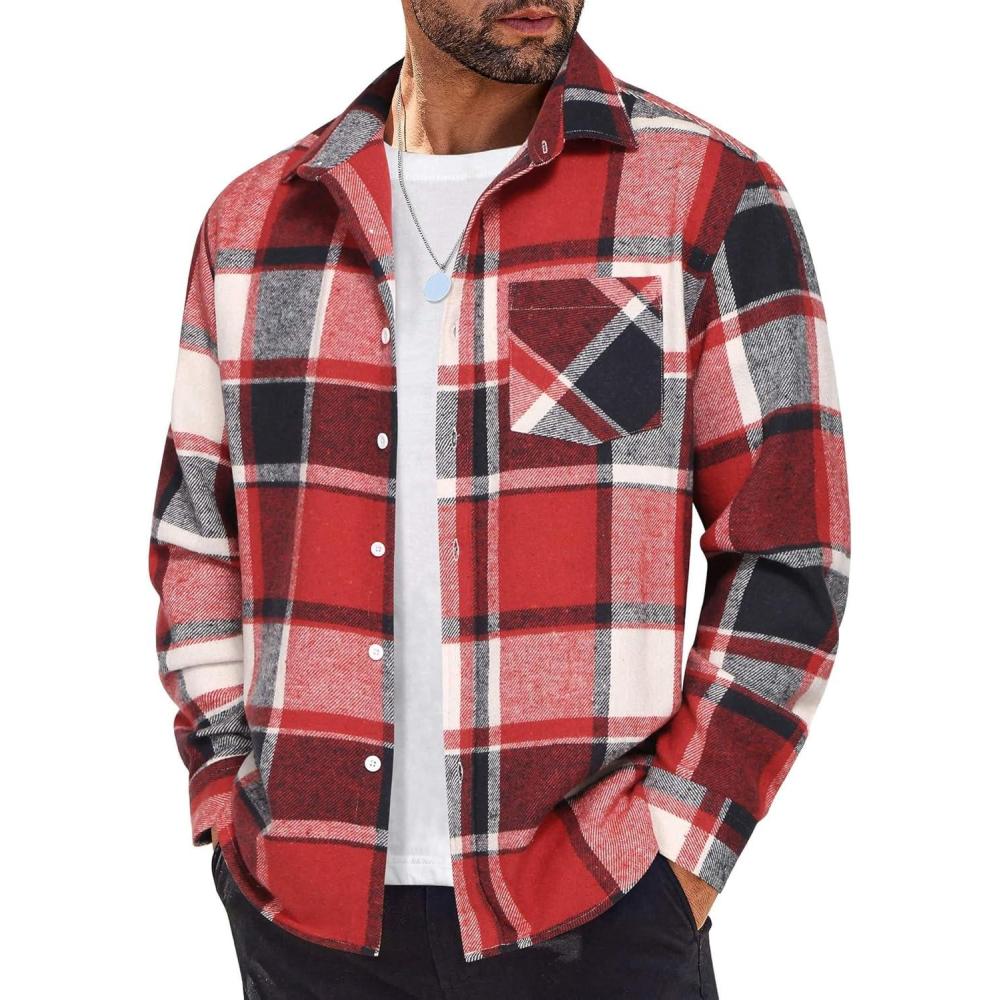 imageCOOFANDY Mens Flannel Shirts Long Sleeve Lightweight Plaid Shirt Casual Button Down Shirts JacketRed