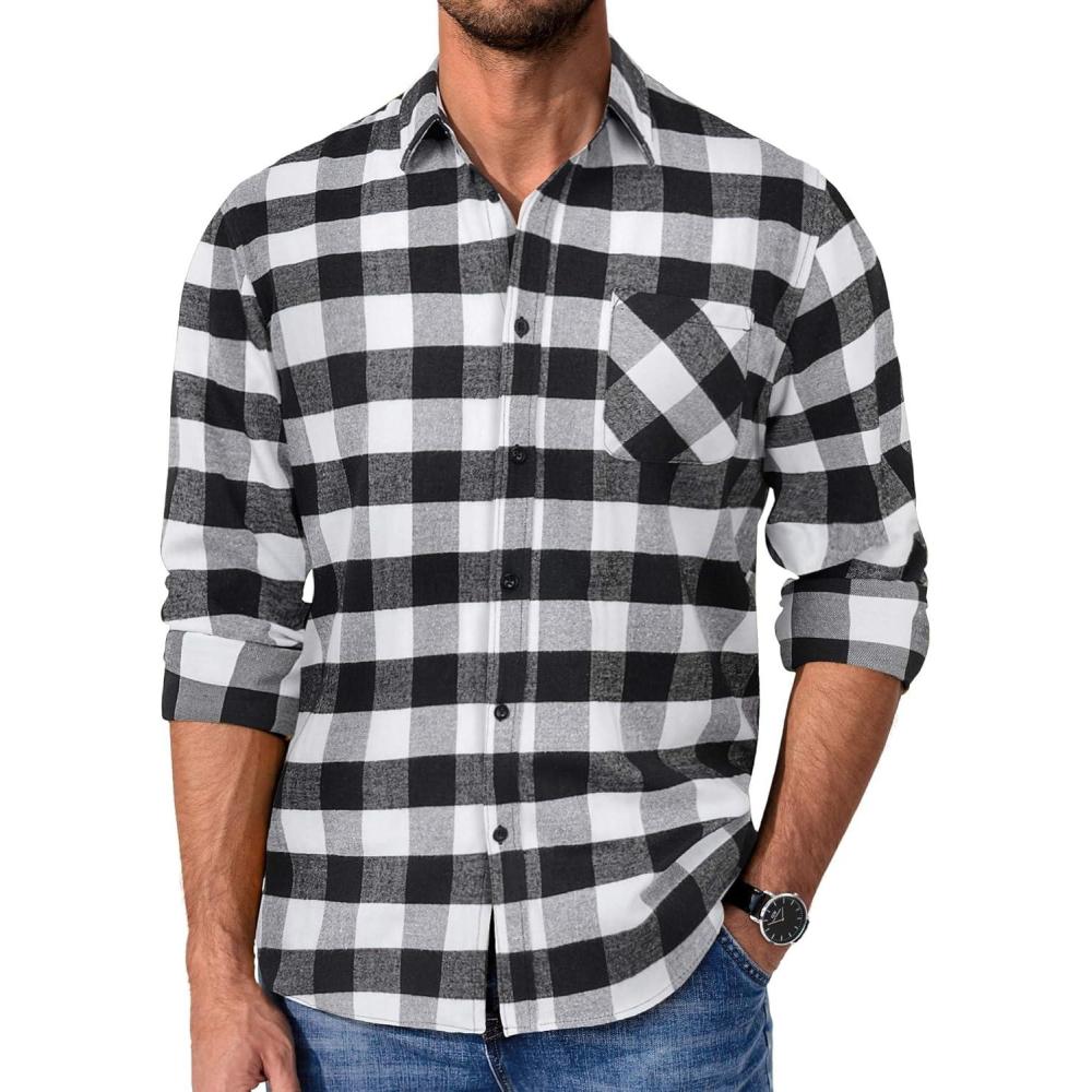 imageCOOFANDY Mens Flannel Shirts Long Sleeve Plaid Button Down Shirt Casual Cotton Shirt with PocketBuffalo Blackwhite