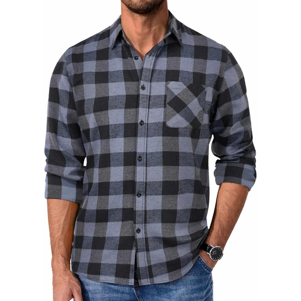 imageCOOFANDY Mens Flannel Shirts Long Sleeve Plaid Button Down Shirt Casual Cotton Shirt with PocketBuffalo Gray