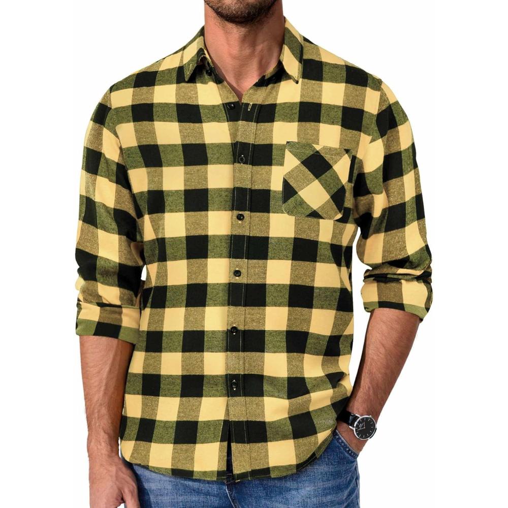 imageCOOFANDY Mens Flannel Shirts Long Sleeve Plaid Button Down Shirt Casual Cotton Shirt with PocketBuffalo Yellow