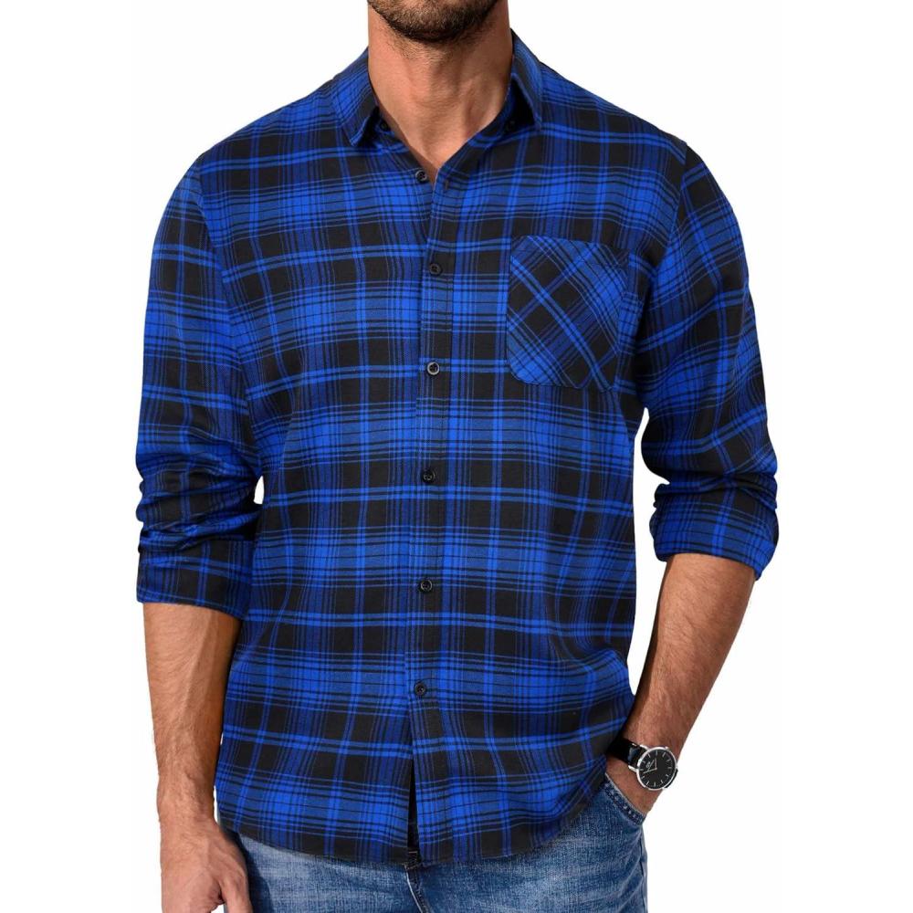 imageCOOFANDY Mens Flannel Shirts Long Sleeve Plaid Button Down Shirt Casual Cotton Shirt with PocketPlaid Blueblack