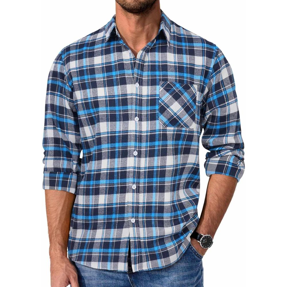 imageCOOFANDY Mens Flannel Shirts Long Sleeve Plaid Button Down Shirt Casual Cotton Shirt with PocketPlaid Bluewhite