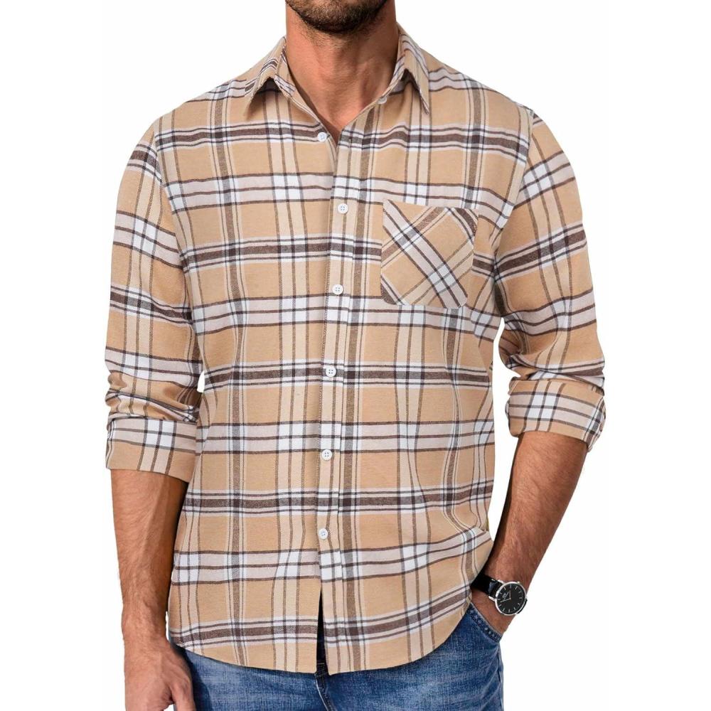 imageCOOFANDY Mens Flannel Shirts Long Sleeve Plaid Button Down Shirt Casual Cotton Shirt with PocketPlaid Khaki