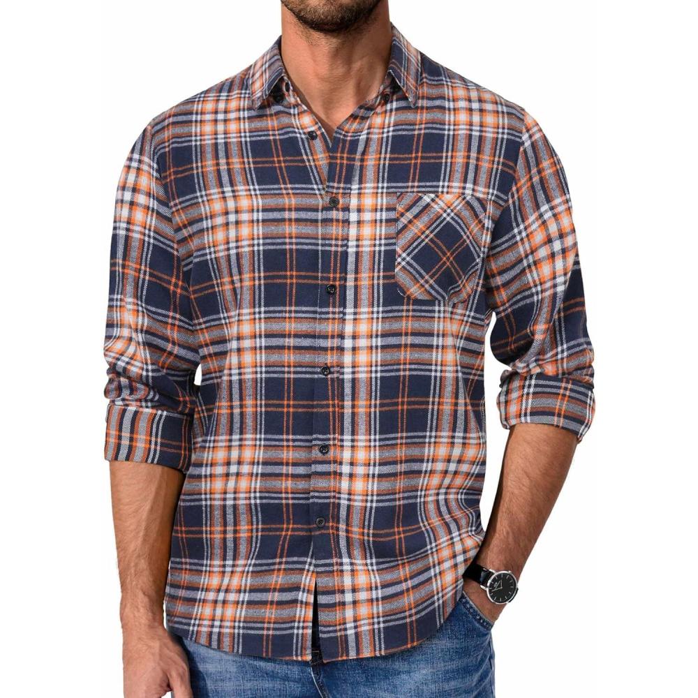 imageCOOFANDY Mens Flannel Shirts Long Sleeve Plaid Button Down Shirt Casual Cotton Shirt with PocketPlaid Orangebuffalo