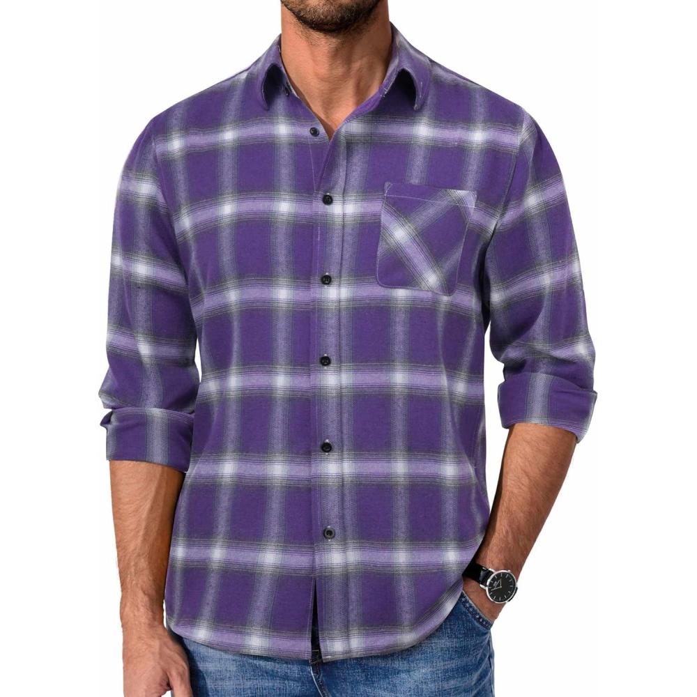 imageCOOFANDY Mens Flannel Shirts Long Sleeve Plaid Button Down Shirt Casual Cotton Shirt with PocketPlaid Purple