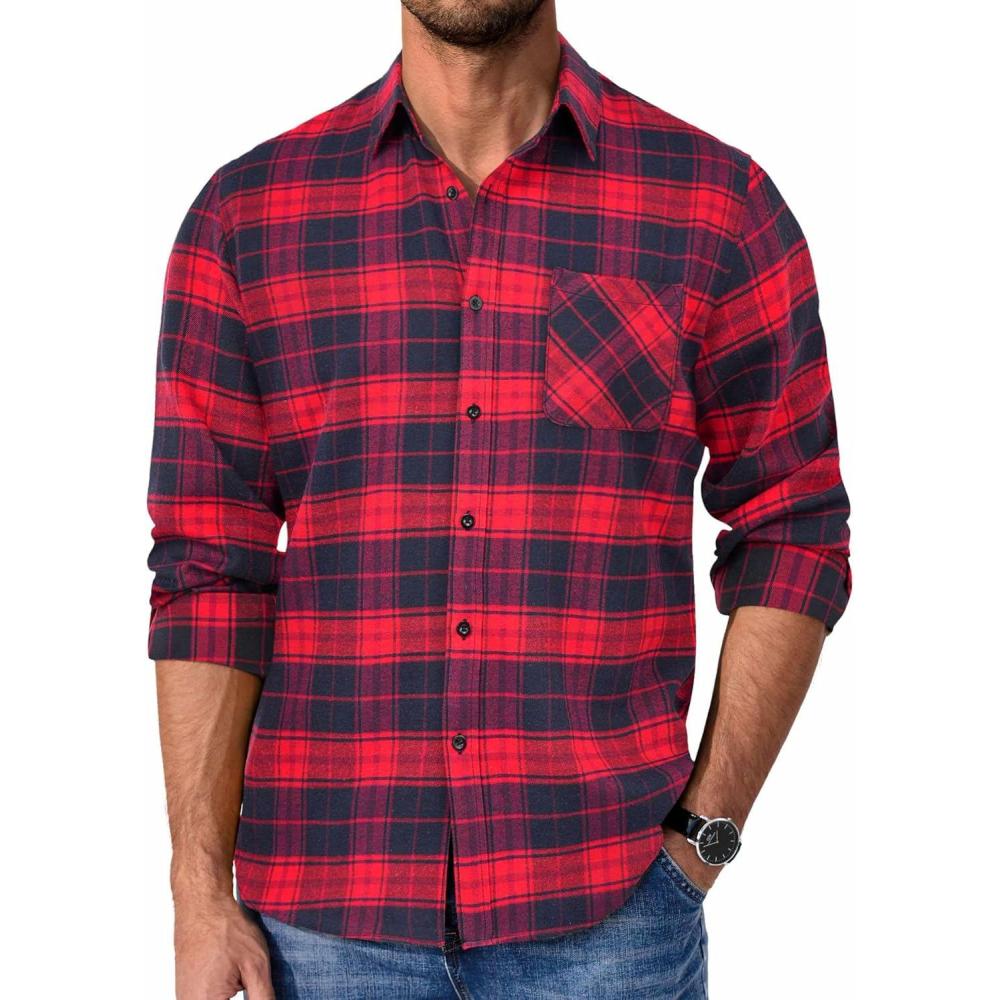 imageCOOFANDY Mens Flannel Shirts Long Sleeve Plaid Button Down Shirt Casual Cotton Shirt with PocketPlaid Redblack