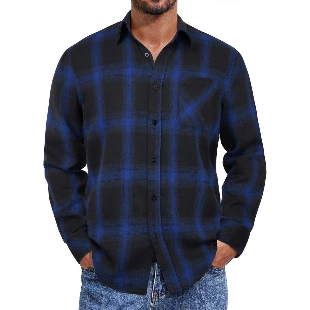imageCOOFANDY Mens Flannel Shirts Long Sleeve Plaid Button Down Shirt Casual Cotton Shirt with PocketPlaid Royal Blueblack