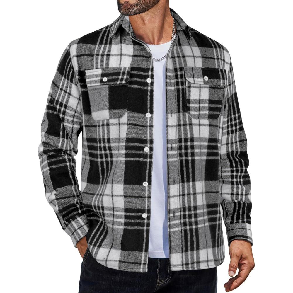 imageCOOFANDY Mens Flannel Shirts Long Sleeve Plaid Shirt Jacket Button Down Shirt with PocketsBlack White