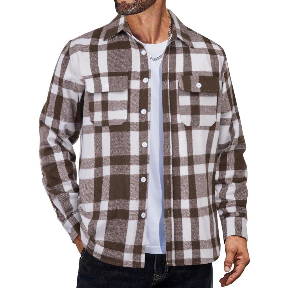 imageCOOFANDY Mens Flannel Shirts Long Sleeve Plaid Shirt Jacket Button Down Shirt with PocketsBrown White