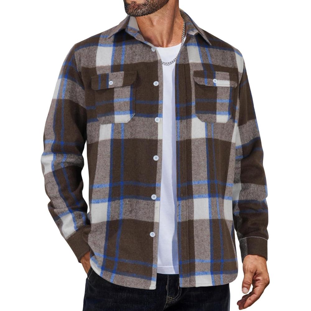imageCOOFANDY Mens Flannel Shirts Long Sleeve Plaid Shirt Jacket Button Down Shirt with PocketsBrown