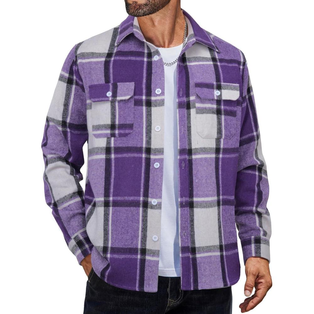 imageCOOFANDY Mens Flannel Shirts Long Sleeve Plaid Shirt Jacket Button Down Shirt with PocketsPurple