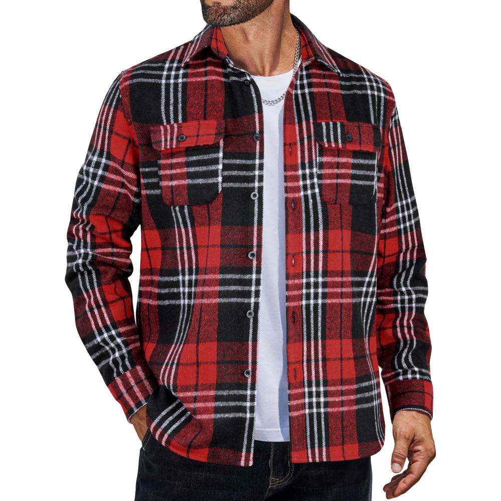 imageCOOFANDY Mens Flannel Shirts Long Sleeve Plaid Shirt Jacket Button Down Shirt with PocketsRed